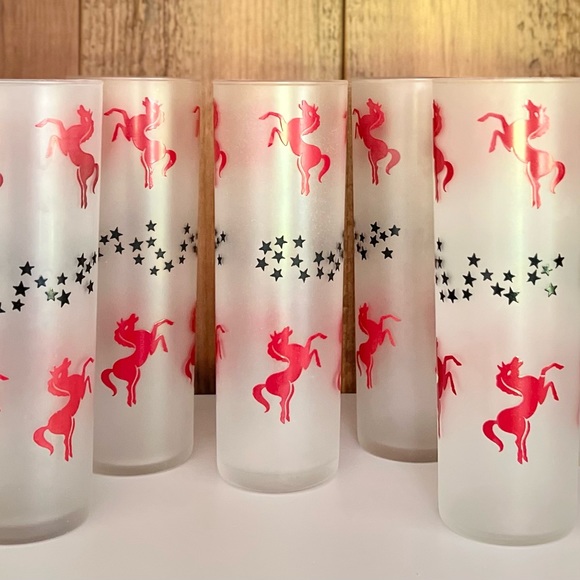 Vintage Libbey Red Horses Black Stars Frosted Tom Collins Glasses Barware 6 pc